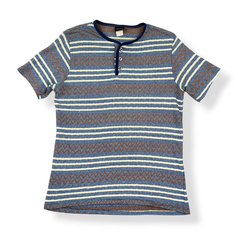 Vintage Short Sleeve T-Shirt Small Towncraft JC Penney Blue Striped Henley Thin